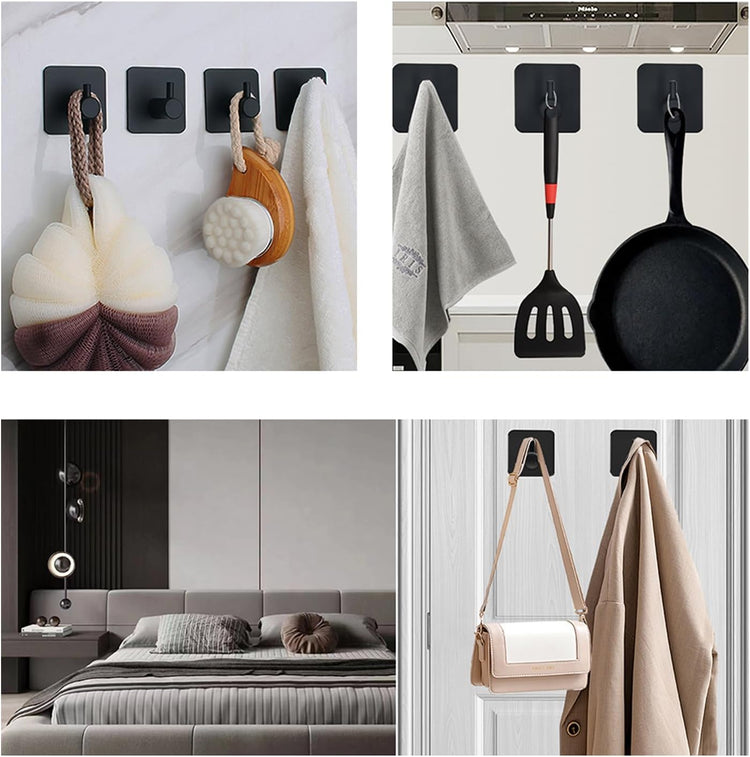 Adhesive Hooks for Hanging - 4 PCs, Towels Hooks for Bathroom, Sticky Hooks for Walls No Damage, Adhesive Hook for Outside, Kitchen, Bathroom, Office (Black 1)