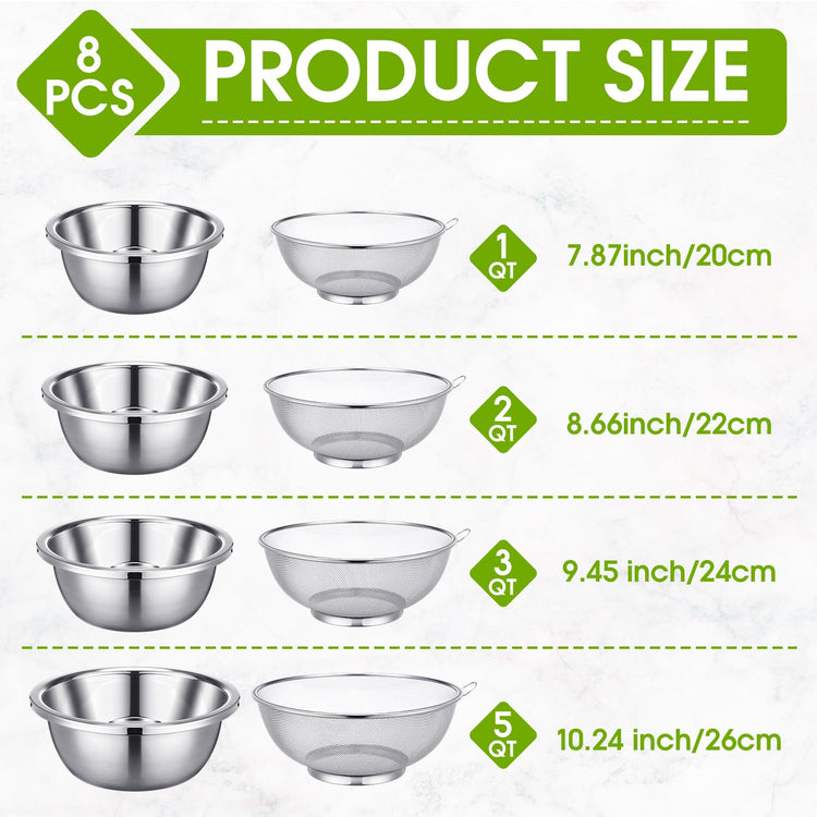 8 Pcs Stainless Steel Microporous Colander Set with 1.2qt 2qt 3qt 5qt Capacity Strainer with Metal Mixing Bowls (8 Count)