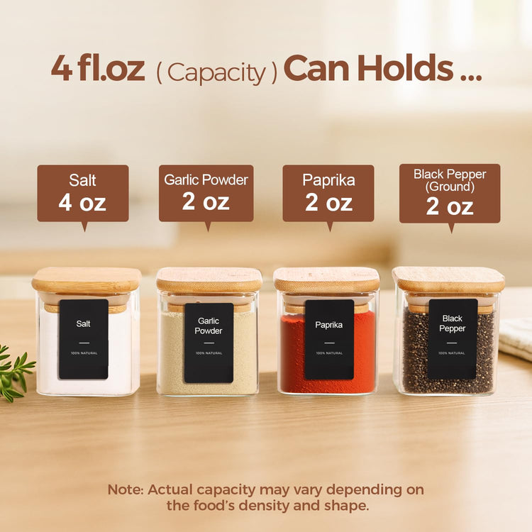 Glass Spice Jars with Labels 4 oz 16 Pack Small Square Bamboo Lids (16 Count)