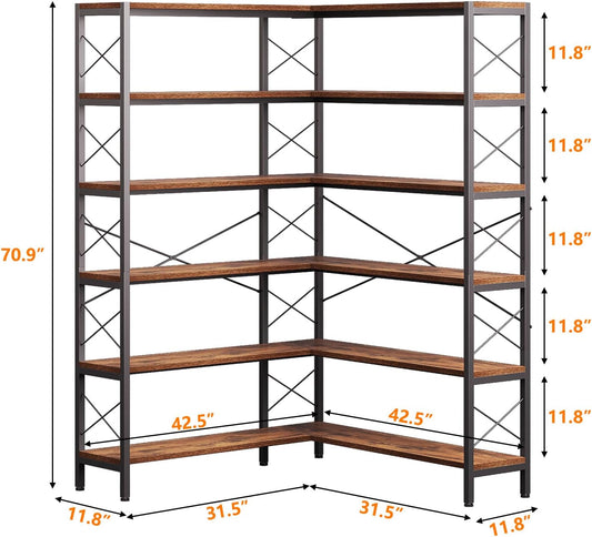 6-Shelf Corner Bookshelf, Vintage Industrial L Shaped Bookshelf Etagere Bookcase, Corner Shelf with Metal Frame Open Storage Rack Corner Book Shelf for Home Office Living Room (Retro Brown)
