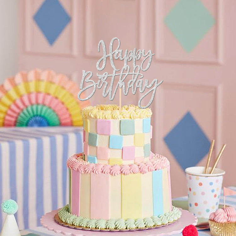 1 PCS Happy Birthday Cake Topper Glitter Happy Birthday Cake Pick for Celebrating Happy Birthday Anniversary Theme Party Cake Decorations Supplies Silver