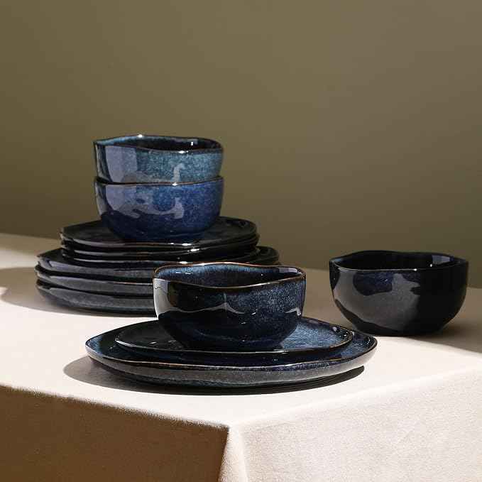 Stone Lain Mirella 24-Piece Stoneware Dinnerware Set, Service for 8 – Reactive Glaze, Deep Blue – Includes Dinner Plates, Salad Plates, and Bowls – Modern Organic Design