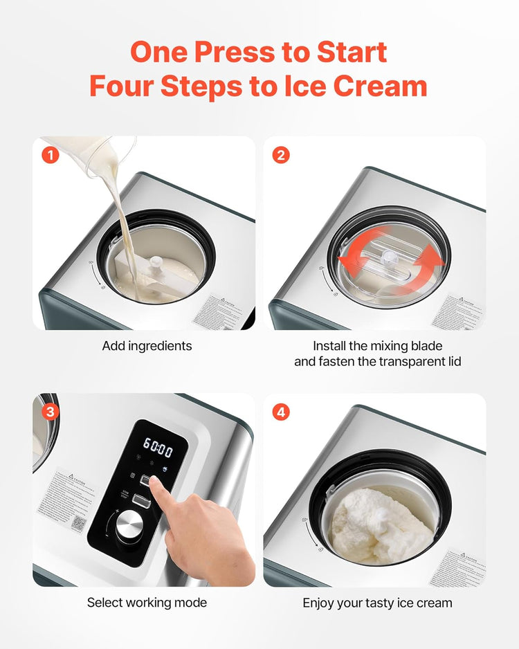 VEVOR Automatic Ice Cream Maker with Built-in Compressor, 1.5 Quart No Pre-freezing Gelato Maker, Stainless Steel Electric Sorbet-Maker, 3 Modes Compressor Ice Cream Machine for Home Kitchen