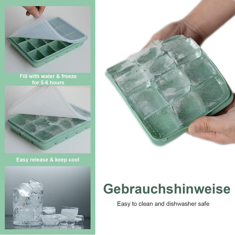 Ice Cube Trays Set of 3, Easy Release 15 Flexible Silicone Ice Cube Molds with Removable Lid Reusable Freezer Ice Trays Stackable for Whiskey, Baby Food, Green