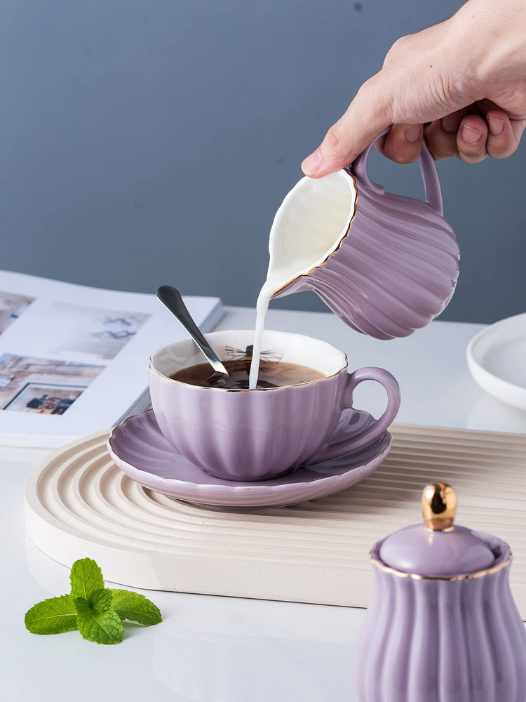 Fine China Purple Teapot and Creamer Sugar Bowl Set