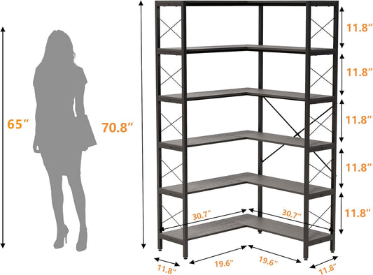 6-Shelf Corner Bookshelf, Vintage Industrial Etagere Bookcase, Large Book Shelf With Metal Frame Open Storage Cabinet (Black, Small)