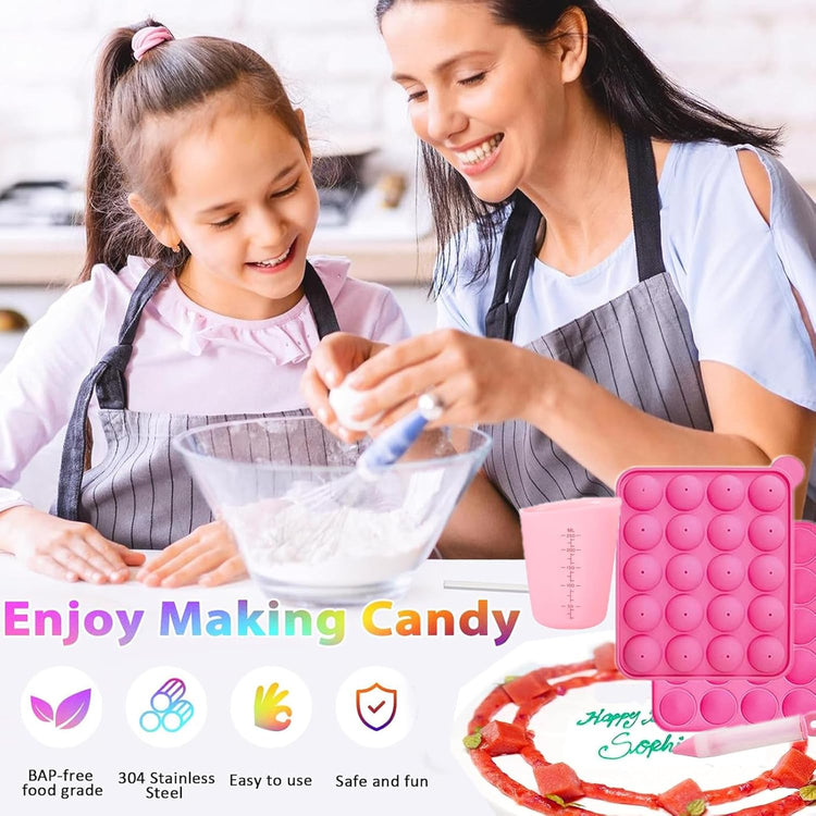 606Pcs Cake Pop Kit,Silicone Lollipop Molds Including Lollipop Sticks,Measuring Cup,Treat Bags,Twist Ties,Decorating Pen,Meat Baller with Handles,Round Mold,Lollipop, Candy,Display Stand Holder(Pink)
