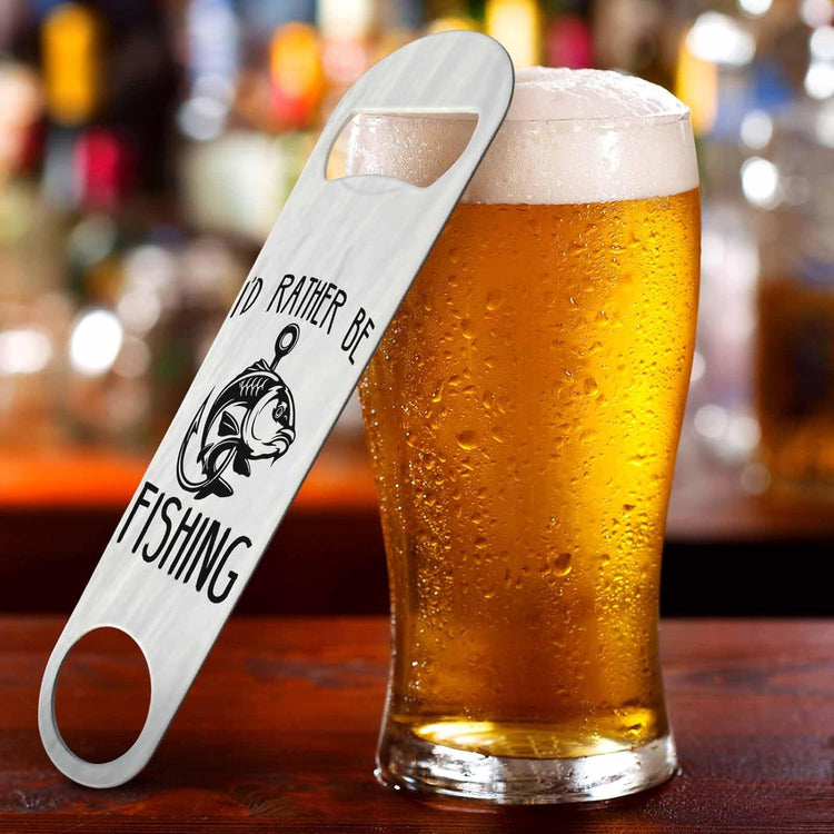 Fish Stainless Steel Bottle Opener I'D Rather Be Fishings Lettering Flat Beer Bottle Opener Keychain for Home Kitchen Bar Restaurant Party Birthday Gift