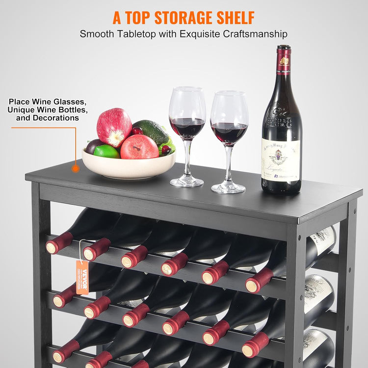 VEVOR 42 Bottle Modular Wine Rack, 7-Tier Solid Bamboo Wood Storage Racks with Table Top, Floor Freestanding Wines Holder Display Shelf, Wobble-Free Shelves for Kitchen, Bar, and Cellar (Black)