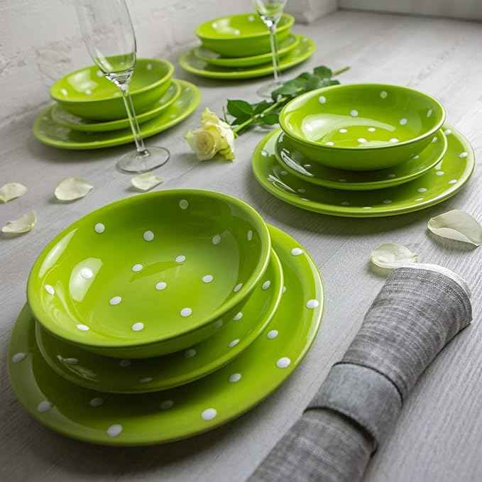 Handmade Lime Green and White Polka Dot Ceramic 12 piece Dinnerware Set | Pottery Tableware Service for 4 | Dinner Plates | Side Plates | Bowls | Housewarming Gift by City to Cottage®