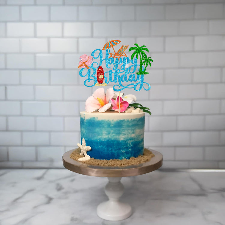 1Pcs Summer Beach Happy Birthday Cake Topper Glitter Ball Tree Umbrella Pool Cake Pick for Hawaiian Holiday Baby Shower Birthday Party Cake Decorations Supplies Blue