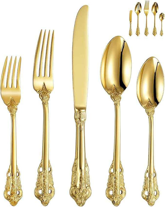 KEAWELL Luxury 45-Piece Flatware Set, 18/10 Stainless Steel Tableware, Service for 8, Antique Baroque Gold-Plated Silverware Set (Gold)