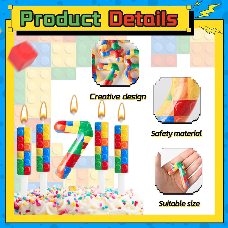 7 Pcs Building Block Themed Birthday Candles Set Building Blocks Number 7 Candle Cake Topper for Building Block Party Decoration Supplies (7 Count)
