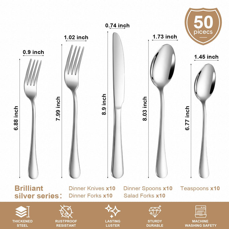 Silverware Set 50 Piece Stainless Steel Flatware Set Silverware Utensils for 10 People Includes Forks Knives Spoons & Salad Forks Dishwasher Safe for Home Restaurant or Outdoor Use (50 Count)