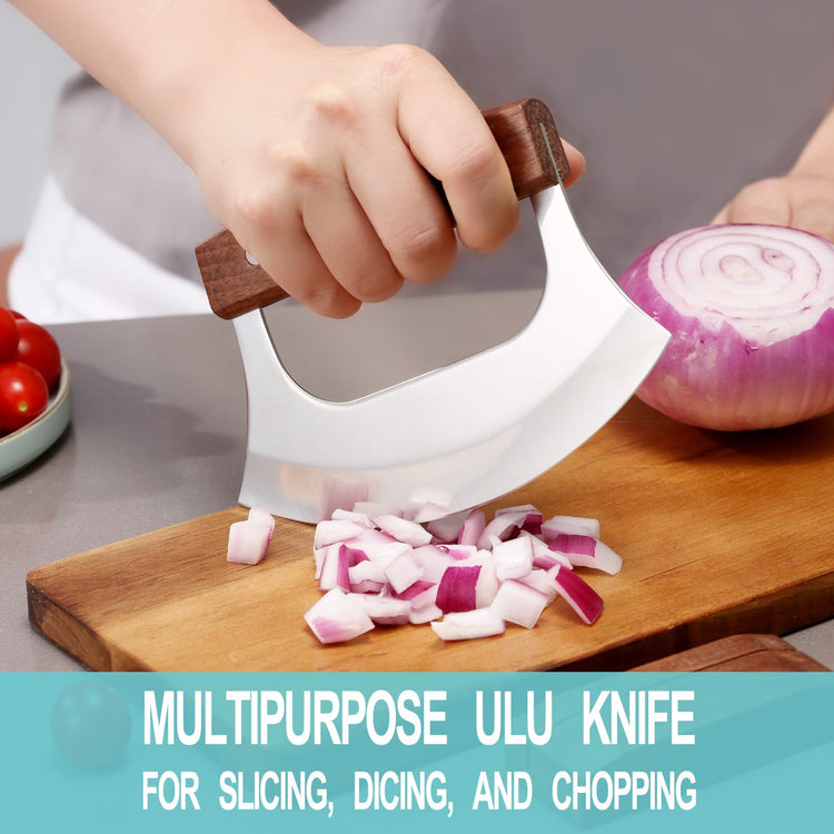 Ulu Knife with Stand for Cutter Pizza Meat Vegetables Herb Salad