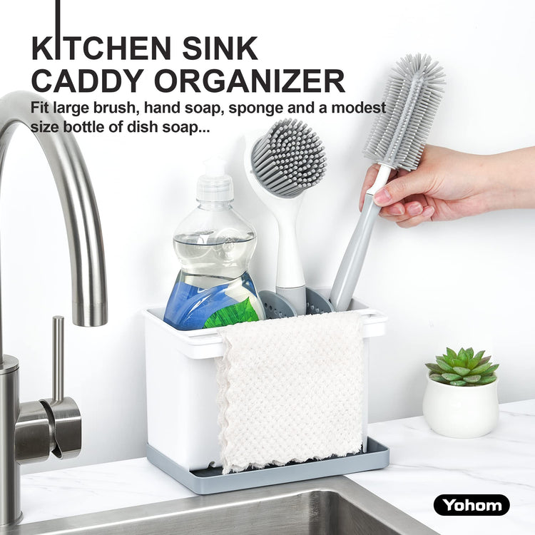 Sink Brush Holder for Kitchen Sink Sponge Caddy Countertop Organizer Plastic Dish Scrubber Holder with Dividers