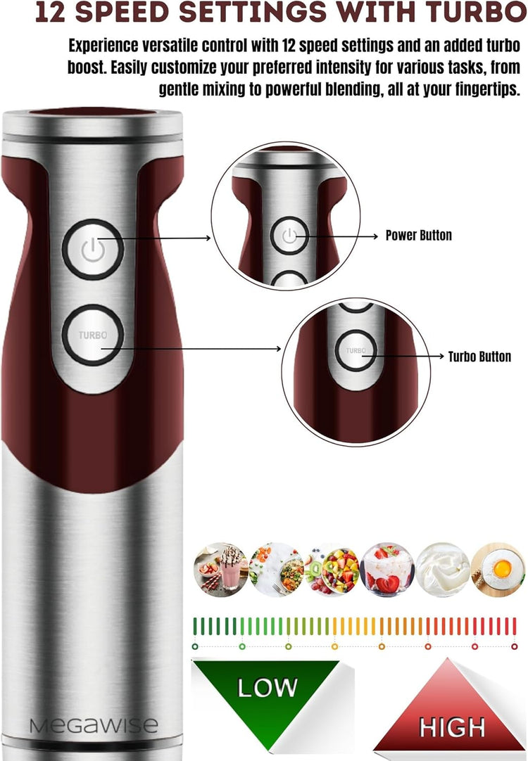 3- in-1 Immersion Hand blender, Powerful MOTOR & Stainless Steel Stick Blender, 4 Sharpe Blades with Whisk, Milk Frother Attachments