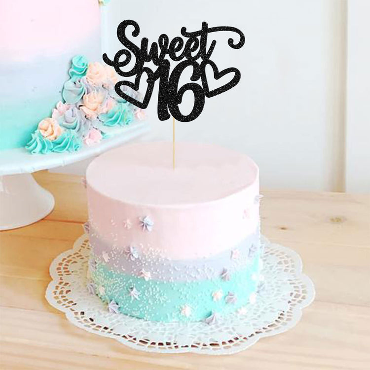 1Pc Sweet Teenager 16 Cake Topper Glitter 16th Birthday Cake Pick for Cheers to 16 Years Old 16th Birthday Party Cake Decorations Supplies Black