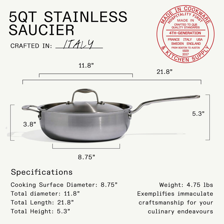 Cookware 5 Quart Stainless Steel Saucier Pan