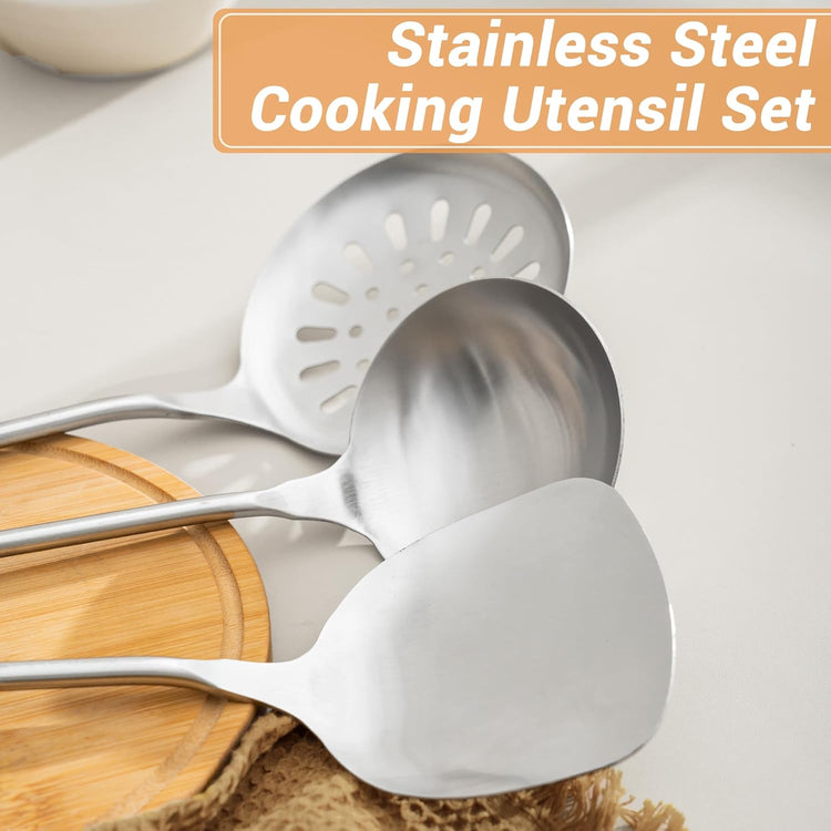 FJNATINH Cooking Utensils - Spatula, Ladle, Skimmer Spoon, Slotted Spatula - 4 Pieces Stainless Steel Wok Utensils Set for Carbon Steel