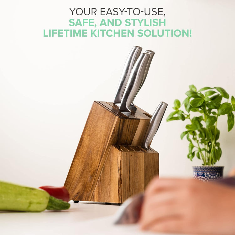 Coninx Acacia Wood Kitchen Knife Block - 15 Slots Knife Holder - Professional Quality Wood Knife Organizer - Secure Knife Stand To Keep Knives Neat & Sharp - Knife Blocks for Kitchen Knife Storage