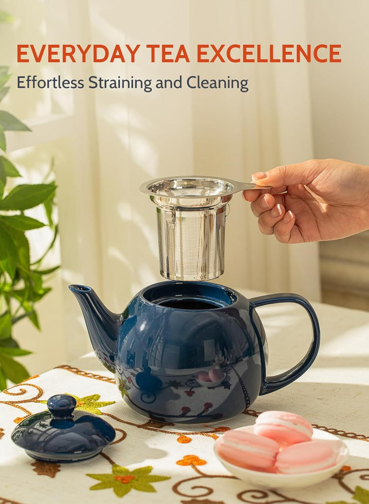 Sweese Teapot, Porcelain Tea Pot with Stainless Steel Infuser, Blooming & Loose Leaf Teapot - 27ounce, Navy
