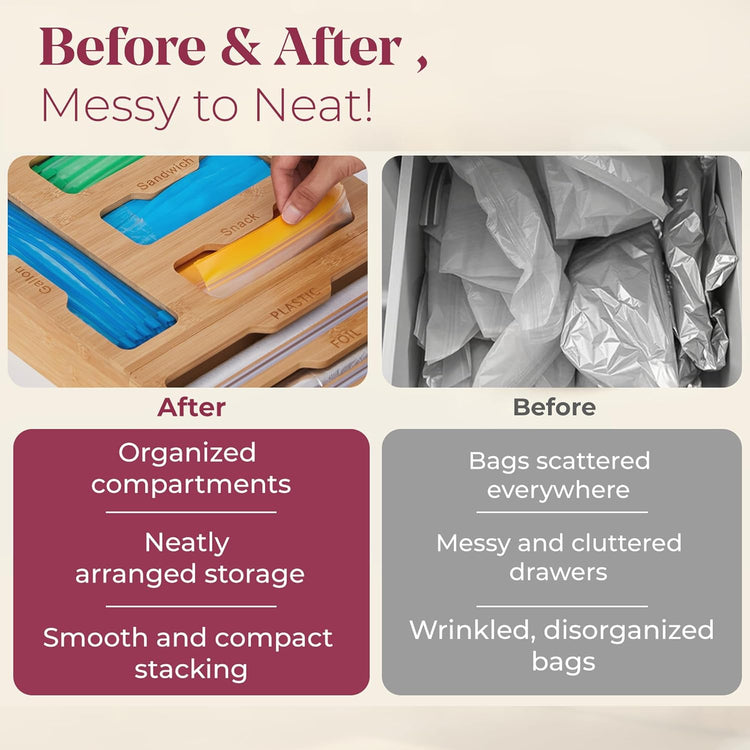 Bamboo Kitchen Storage Bag Organizer, Drawer Organizer with Foil Dispenser, Bamboo Organizer for Sandwich Bags, Plastic Wrap, Baggie and Foil, Premium Kitchen Drawer Organizer