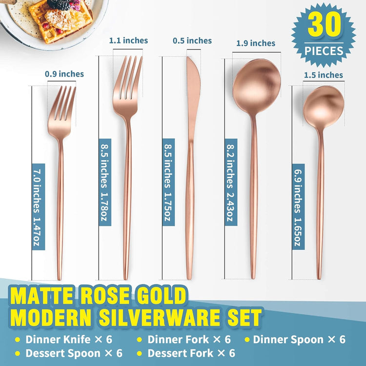 Matte Rose Gold Silverware Set for 6,Modern Stainless Steel Brushed Cutlery Set,30-Pieces Heavy Duty Flatware Set,Knives Spoons and Forks Set Utensils Set, Satin Finish, Dishwasher Safe