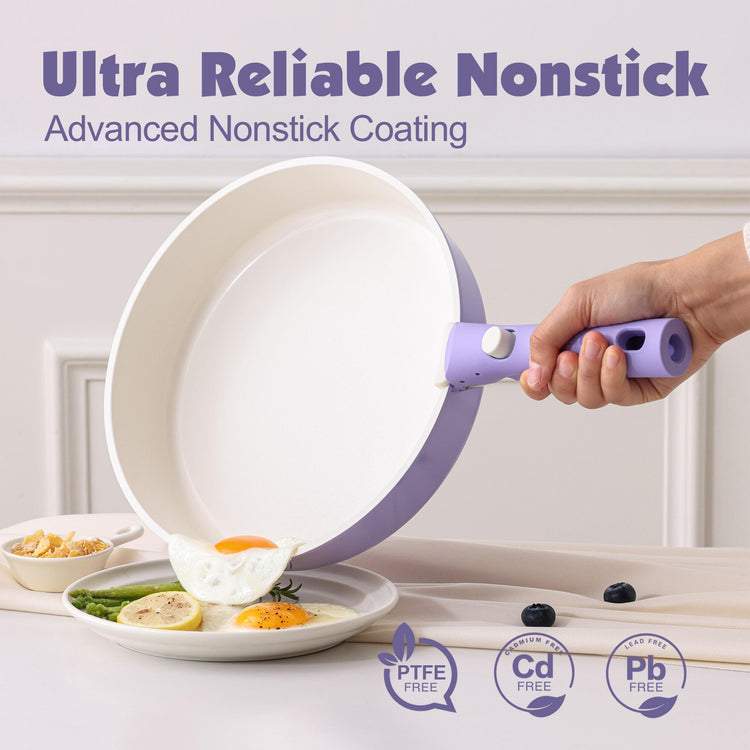 17 Piece Ceramic Detachable Handle Pots and Pans Set Purple