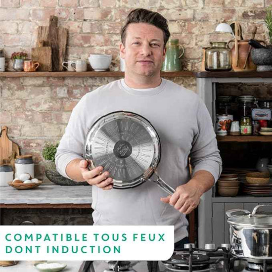 T-Fal Jamie Oliver Cooks Direct, Stainless Steel Non-stick Frying Pan 3 Pcs Set (20/24/28cm) (8/9/11 Inches) with Induction
