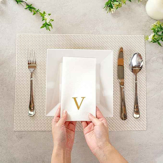 Luxenap 15.8 X 7.9 Inch Linen-Feel Guest Towels, 2000 Lettered Hand Towels - Gold Letter 'V', Sans Serif Font, White Paper Dinner Napkins, airlaid, For Restrooms And Tables