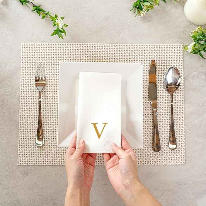 Luxenap 15.8 X 7.9 Inch Linen-Feel Guest Towels, 50 Lettered Hand Towels - Gold Letter 'V', Sans Serif Font, White Paper Dinner Napkins, airlaid, For Restrooms And Tables