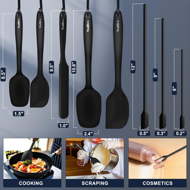 Walfos Silicone Spatula Set of 8(600°F）- Heat Resistant Kitchen Silicone Scraper Spatulas & Mini Spatulas, One-Piece Seamless Design, Perfect for Cooking Mixing & for Non-stick Cookware,black