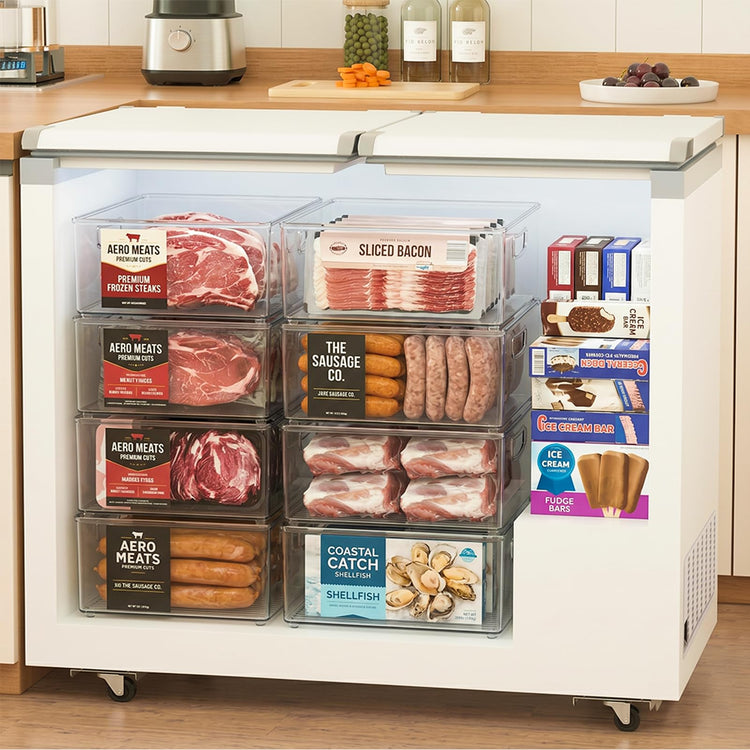 8 PACK Freezer Organizer Bins Fridge Organizers and Storage Stackable Refrigerator Organizers Bins with Side Handles Clear Storage Bins for Pantry (8 Count)