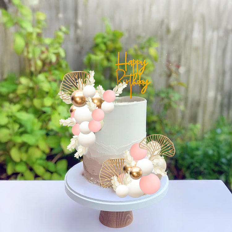 57Pcs Balls Cake Topper Boho Grass Cake topper Pearl Balls Acrylic Happy Birthday Cake Decorations for Wedding Baby Shower Birthday Boho Themed Party Supplies Pink (57 Count)