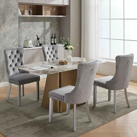 Velvet Dining Chairs Set of 4, Kitchen & Dining Room Chairs, Upholstered Dining Chairs with Back Ring Pull and Silver Solid Wood Legs, Modern Tufted Kitchen Chairs for Dining Room, Light Grey