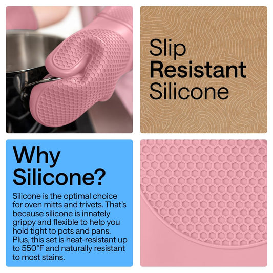 BPA Free Soft Silicone Oven Mitts and Pot Holders Sets of 4 (4 Count)