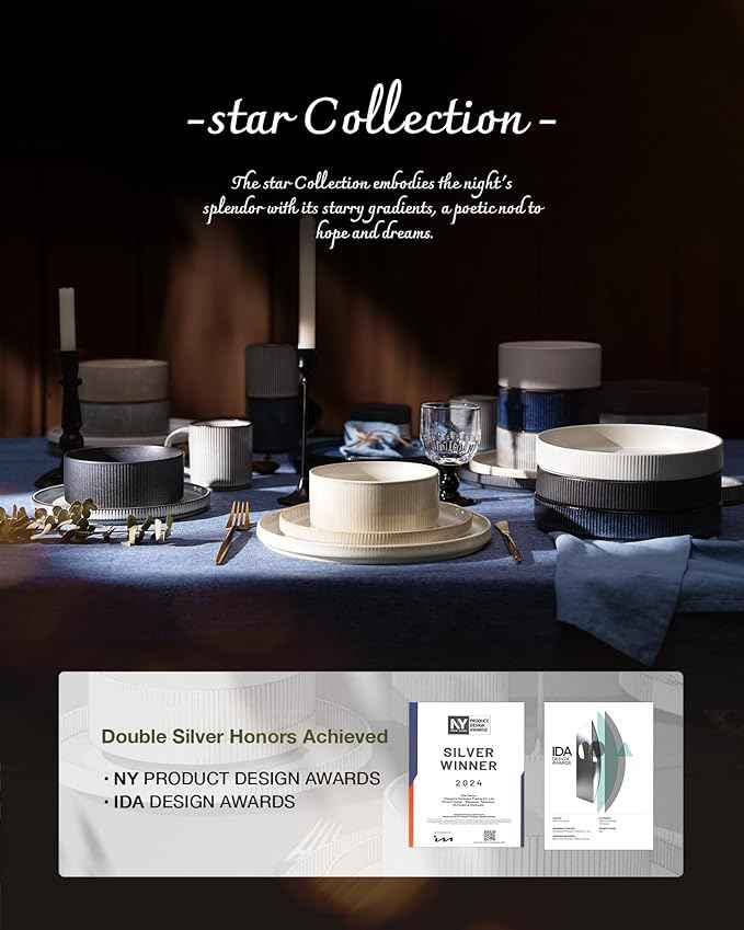 Famiware Star Dinnerware Set with Mugs, Service for 6 (24 Pieces), Ribbed Stoneware Plates and Bowls Dishes Sets with Trim - Chip & Scratch Resistant, Microwave & Dishwasher Safe, White