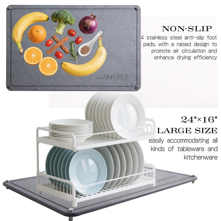 Large Dish Drying Stone Mat for Kitchen 24"x16" Dark Gray