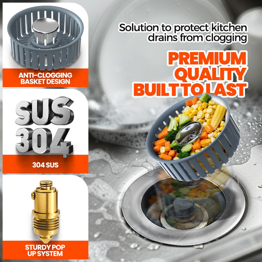 3 in 1 Kitchen Sink Drain Strainer and Stopper Silver 1 Pack