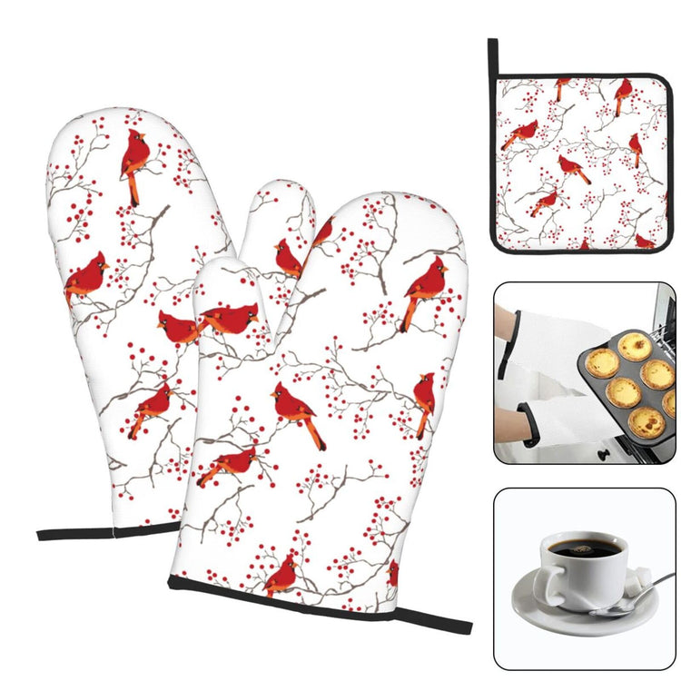 Cardinal Bird Red Berry Decor Oven Mitts and Pot Holders Sets of 3 (3 Count)