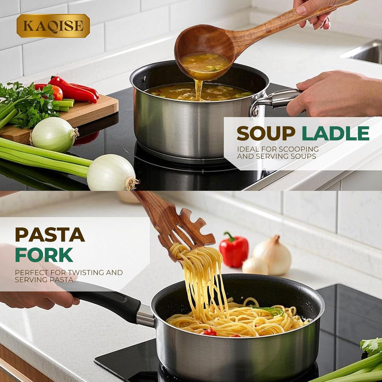 Wooden Spoons for Cooking, 2PCS Natural Teak Wooden Utensils, NonStick Kitchen Utensils Set for Stirring,Serving Spaghetti, Soup, Sauce (Ladle & Pasta Fork)