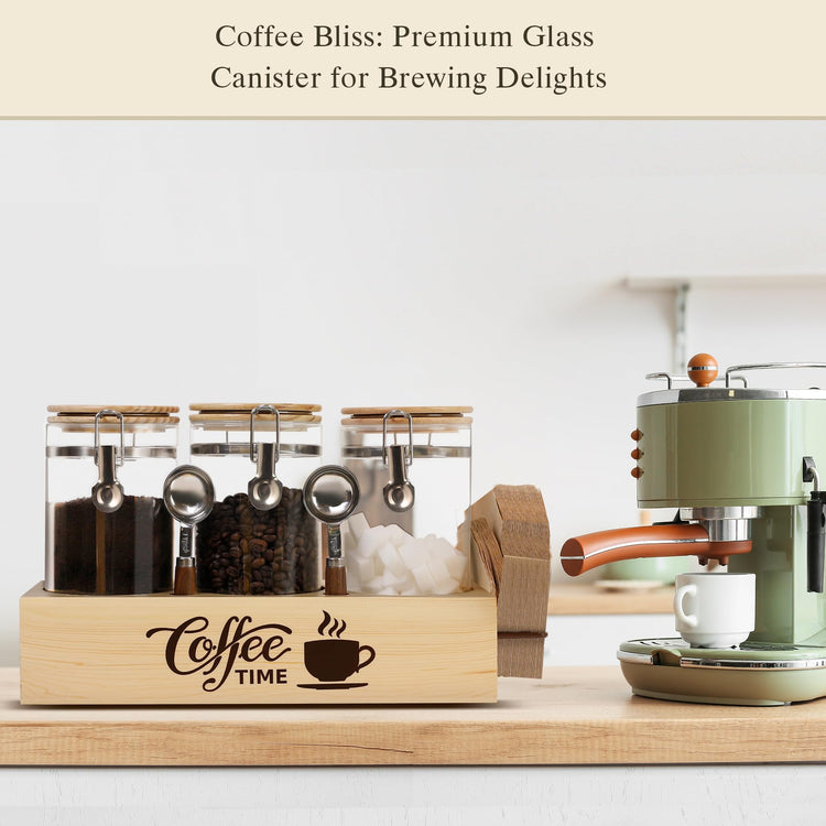 Glass Coffee Canister Set with Shelf & Spoons