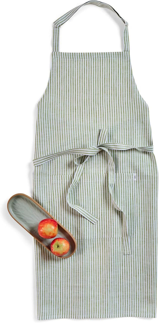 Solino Home 100% Pure Linen Apron for Women & Men - Avocado and White Stripe Full Midi Bib Apron, Adjustable Neck Strap with Center Pockets for Kitchen, Chef - Handcrafted from European Flax