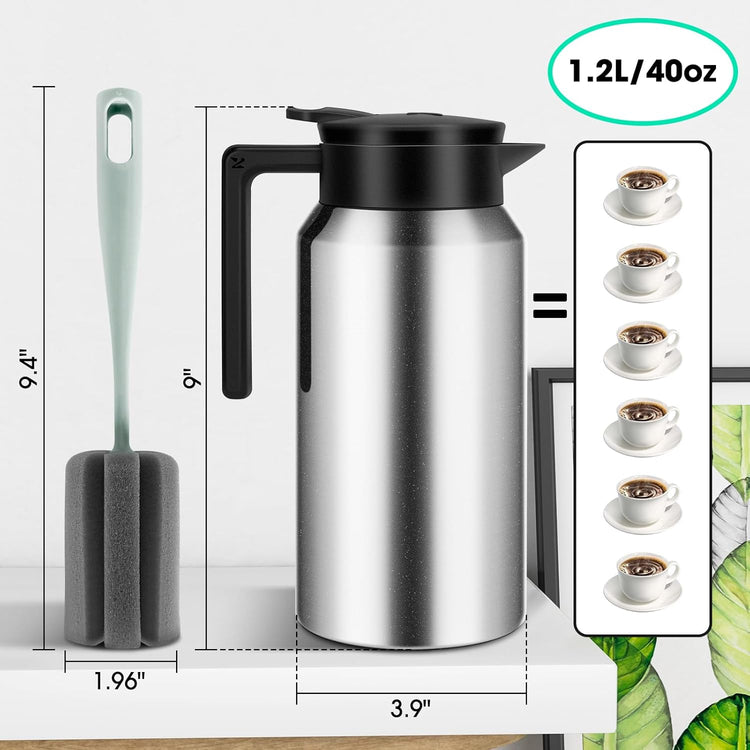 ShineMe Coffee Carafe, 40oz(1.2L) Stainless Steel Thermal Coffee Carafe for Keeping Hot/Cold, Travel Size Insulated Pitcher for Coffee, Tea, Water, Beverage Dispenser