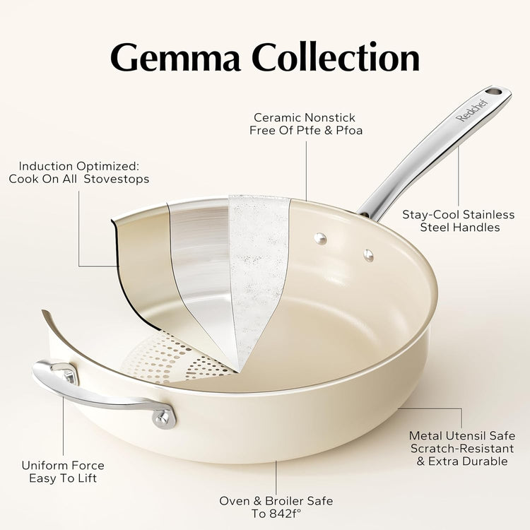 Redchef Ceramic Saute Pan with Lid, Nonstick Deep Frying Pan, 5QT Jumbo Cooker with Helper Handle & Lid, Non Toxic Ceramic Cooking Pan, Chef Pan, Dishwasher & Oven Safe, PFAS PFOA & PTFE Free