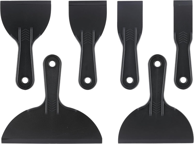 6 Pack Plastic Putty Knife, Durable Plastic Scraper Tool with No-Slip Grip for Spackle, Spreader, Non Scratch and Easy Cleaning Spackle Knife, Putty Knife Set, Black