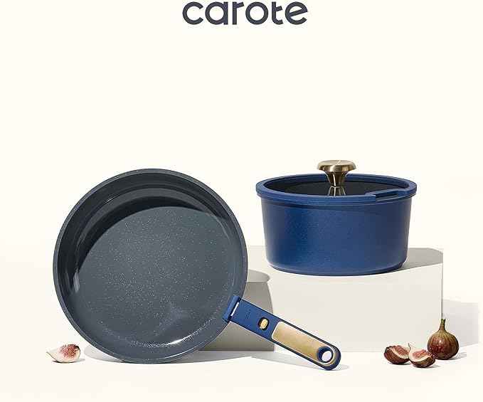CAROTE Blue&Gold Ceramic Cookware Set Non Toxic, PFAS Free,15Pcs Pots and Pans Set Non Stick Detachable/Removable Handle,Kitchen Cooking Set Dishwasher Safe, Nonstick Pot and Pan, Induction Cookware