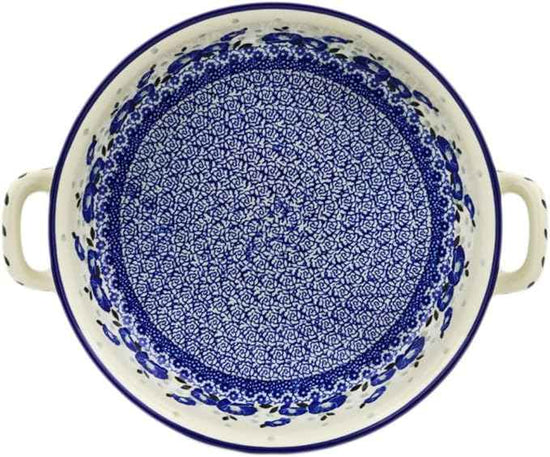 Polmedia Polish Pottery Round Baker with Handles 10-inch - Eternal Winter Pattern Handmade in Boleslawiec Poland by Ceramika Artystyczna + Certificate of Authenticity