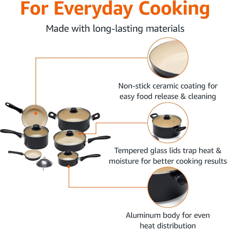 Amazon Basics 11-Piece Ceramic Non-Stick Pots and Pans Set, Dishwasher & Oven Safe, Non-Toxic, Easy Clean, Black/Cream